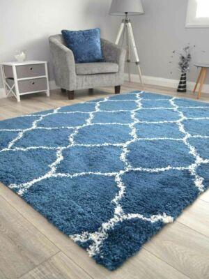 Teppich Matte Shaggy Blau Creme Off White Klein Extra Groß Weich Muster Günstig Boden