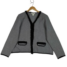Exclusively Misook XL Black White Knit Cardigan Jacket Fringe Trim Button Front