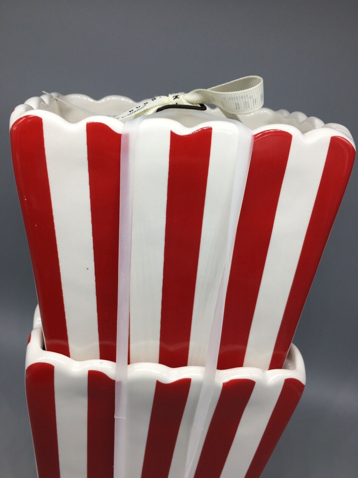 x2 Rae Dunn Movie POPCORN Bowl Set Ceramic Personal Individual Red White  Striped