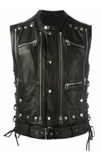 Men's Cow Leather Heavy Lacing Rocker Biker Motor Vest Waistcoat Son of Anarchy