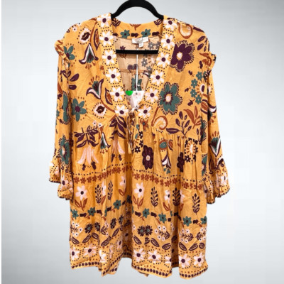 Easel Los Angeles Boho Mustard Yellow Multicolor Floral Babydoll Tunic Top Size
