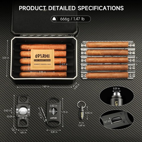 Travel Humidor Box and Cigar Accessories Set, Portable Cigar Humidor Case with 2 - Picture 7 of 7