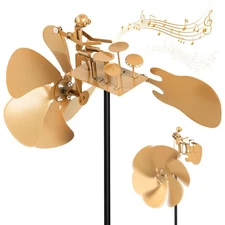 Handmade Metal Drummer Windmill Sculpture - Wind-Powered Kinetic Garden Spinn...