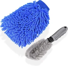 Chenille Microfiber Car Wash Mitts + Wheel Brush – Blue, Scratch-Free
