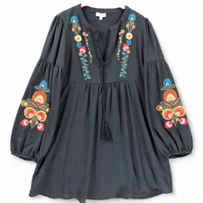 Umgee Shift Dress Large Black Embroidered Tunic Boho Peasant Balloon Sleeve Tie