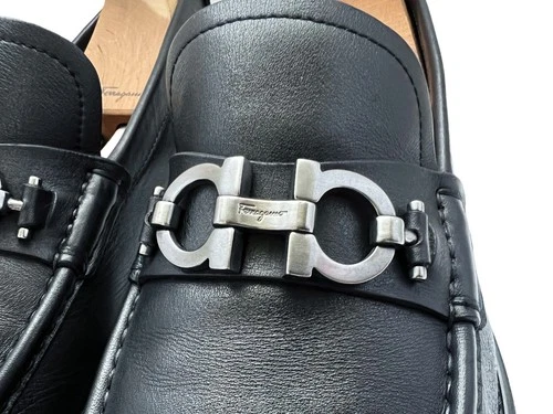 $995 Salvatore Ferragamo Mens MASTER Black Shoes Gancini Silver Bit Loafers 9 D