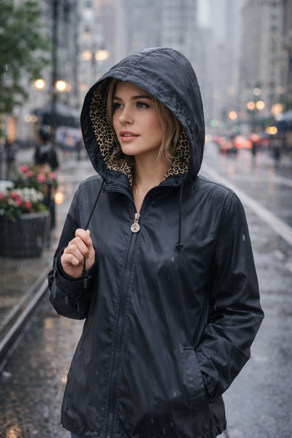 Misty Harbor Women’s L Black Hooded Raincoat Leopard Lined Urban Chic Zip Jacket