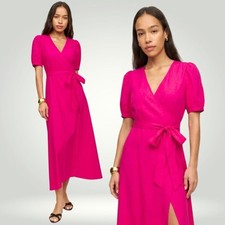 Reformation Kaelie Wrap Midi Dress  Puff Sleeves V-neck Pink Organic Cotton Sz L
