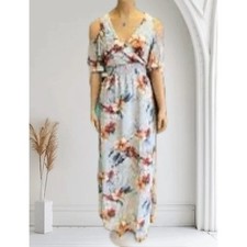 Gilli Floral Cold Shoulder Maxi Dress Blue Tropical Hibiscus Smocked CRD3722-1 S