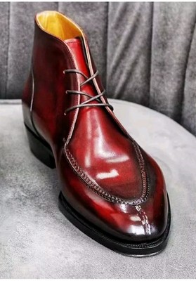Bespoke Handmade Men's Burgundy Leather Derby Boots, Lace Up Ankle Dress Boots