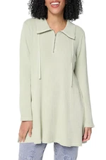 LOGO by Lori Goldstein Women's Cotton 1/4 Zip Waffle Top Fog Green