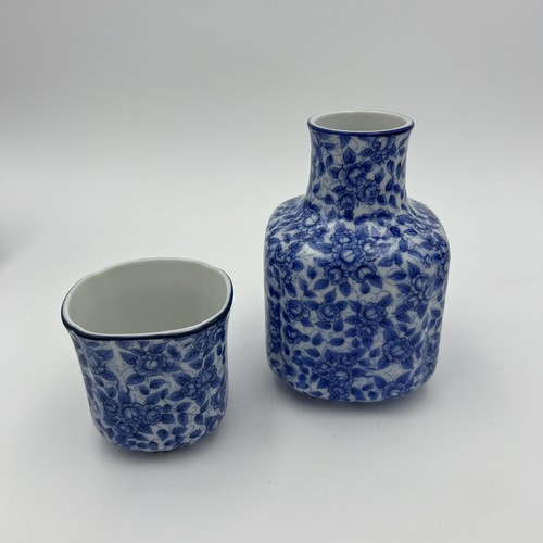 Vintage Bedside Water Carafe With Glass Andrea By Sadek Made Japan Blue Floral - Picture 3 of 11