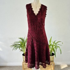 Tory Burch Lace Crochet Dress UK 8 Burgundy Red VNeck Knee Length Party Occasion