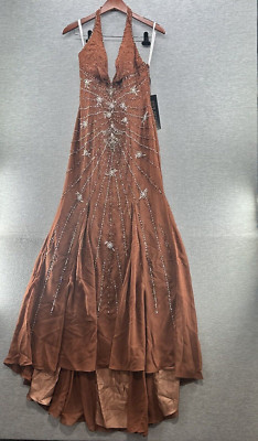 RIVA DESIGNS - Brown Sequined Halter Top Long Gown Dress Size 6