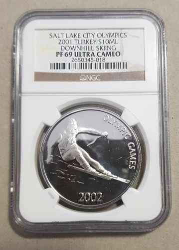 2001 Turkey 10,000,000 Lira 10 Million Silver Proof NGC PF69 UCAM Olympic Skiing