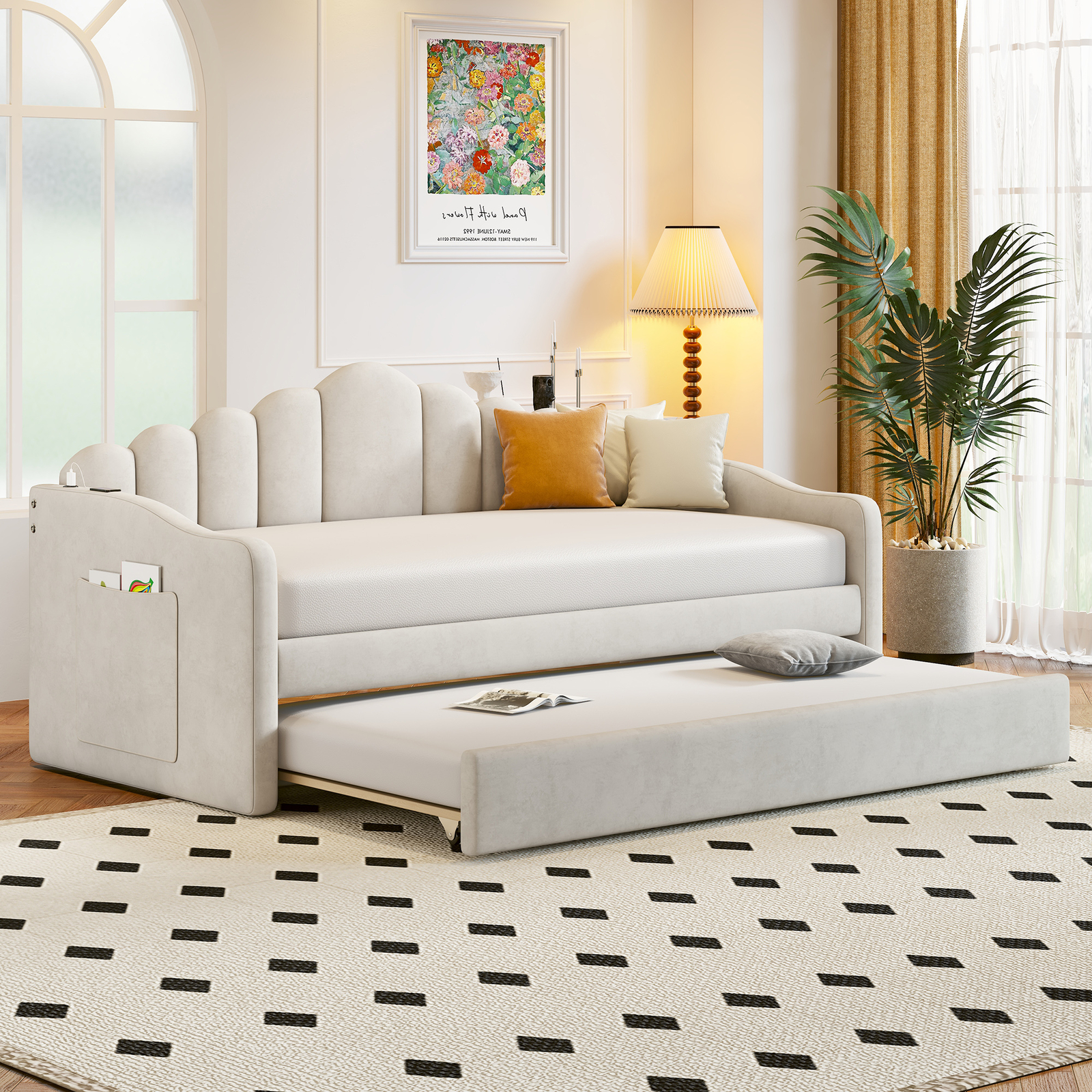 Twin Velvet Upholstered Daybed with Trundle and USB Charging Ports 7AAA