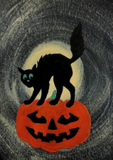 ACEO Mini *Print* of Original Art Black Cat Kitten & Halloween Pumpkin - Saulite