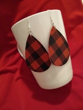 Vibrant Red Black Plaid Print Teardrop Faux Leather Lightweight Earrings