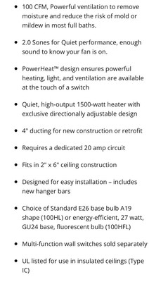 Broan 100HL Ventilation Fan w/Light and Heater, 2 Sones, 100 CFM | eBay
