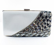 USA WOMENS Evening HANDBAG Clutch Purse RHINESTONE CRYSTAL Wedding White Gray