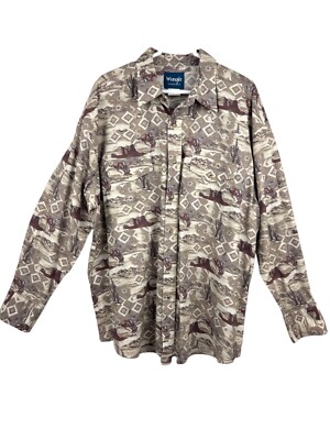Wrangler Western Shirt Sz XXL Beige Red AOP Cowboy Bucking Horse Pearl Snap