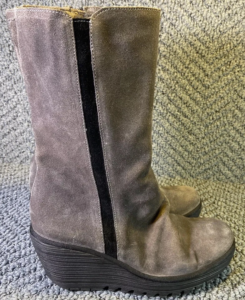 Fly London Mujer 37 EE. UU. 7 Cuñas Gamuza Botas Gris Cremallera ¡Bonitas! Foto 3 de 4