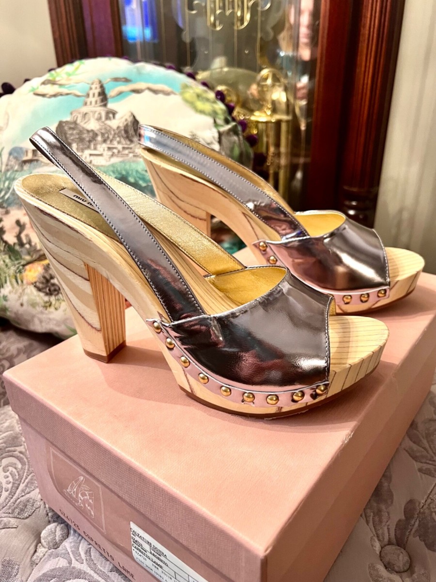 NIB Miu Miu Silver Mirror Sling Back Stud Wooden Heel Platform