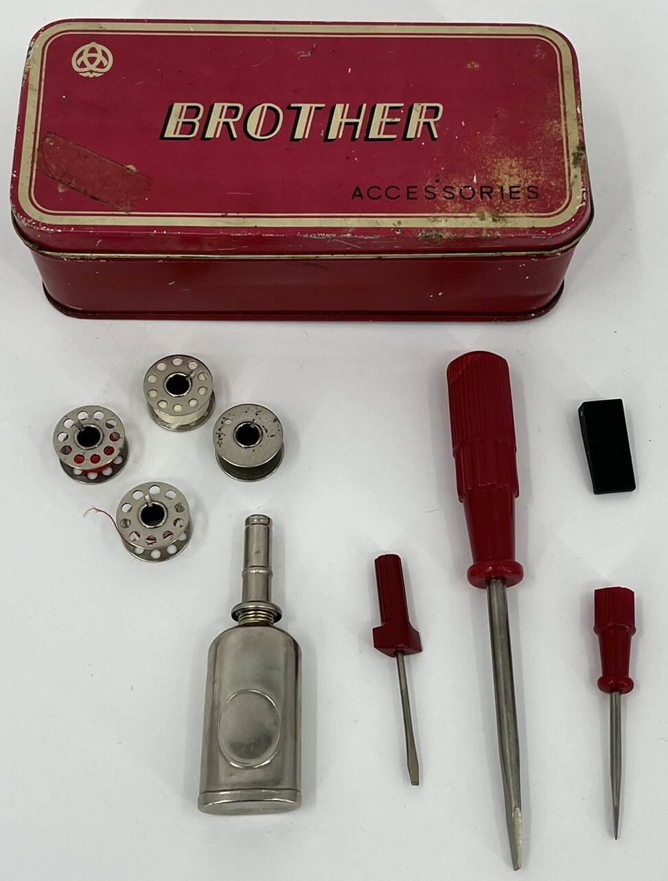 Vintage Brother Sewing Machine Accessories Tin Box Screwdrivers Bobbins Oil Can eBay