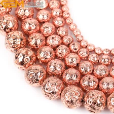 Round Rose Gold Metal Bead Spacers Volcanic Lava Rock For Jewelry Making 15''