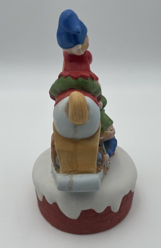 Porcelain Elf Riding On Rocking Horse With Two Elf Workers Working Music Box - Picture 3 of 8