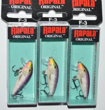 3 lures rapala f-3 floating 1 1/2" 1/16oz f03 pd purpledescent minnow lure