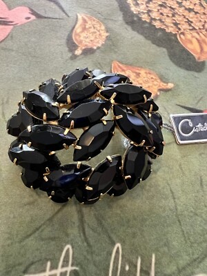 VTG Castlecliff Domed Brooch Mourning Black Rhinestones GoldTone Org Paper Label