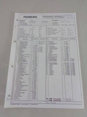 Kennblatt + Parts Catalog Pierburg Carburetor 40 Pdsi Mercedes T2 Düdo Stand