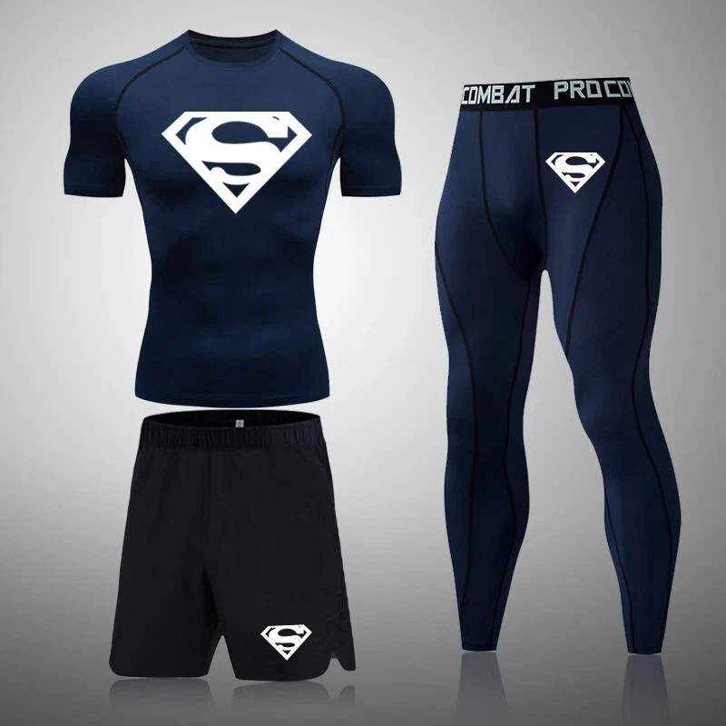 NEW Superman Men Compression T Shirt Quick Tight Set Men Exercise Training Suit