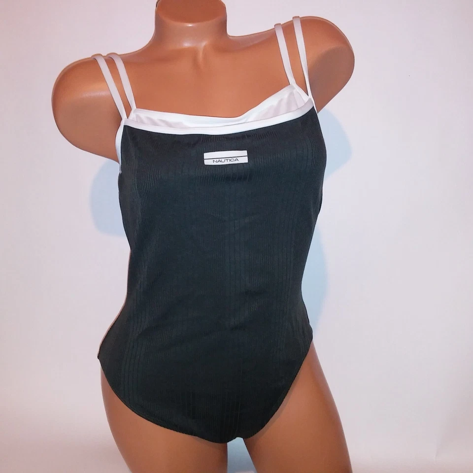 Nautica Swim Set Size 14 One Piece Large Skirt Green White Ribbed Wireless - Image 4 of 4