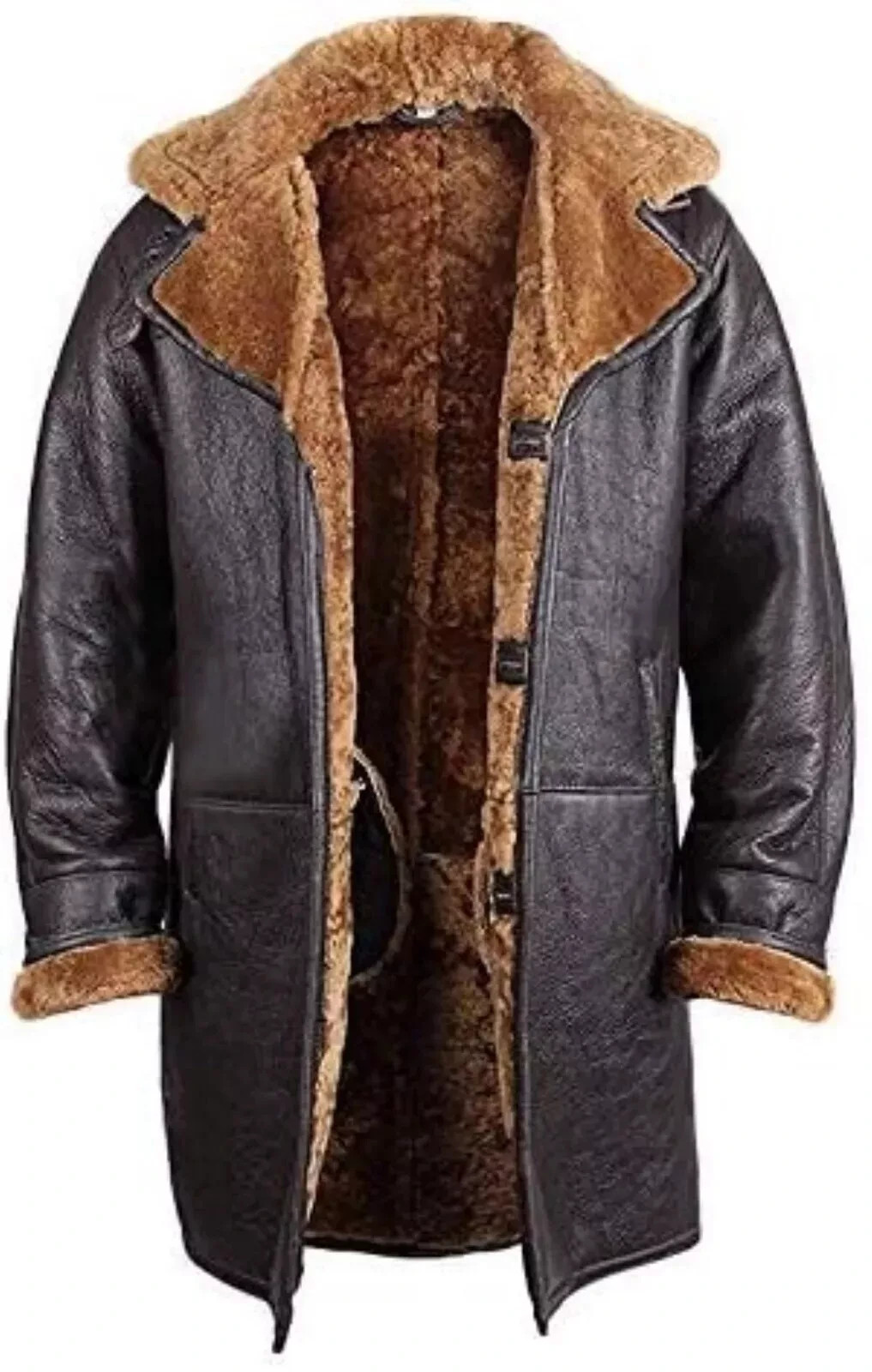 Chaqueta de abrigo largo de lona cálida de cuero de oveja negra de piel de oveja real para hombre