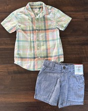 Boys Cat  Jack Size 4/5 Plaid Shirt Chambray Shorts Outfit Spring Easter Summer