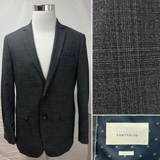 Perry Ellis Portfolio Men's 40R Modern Fit Charcoal Gray Plaid Blazer Jacket