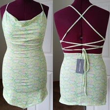 PrettyLittleThing Lime Ditzy Print Lace Up Back Shift Dress sz 4 mini halter NOS