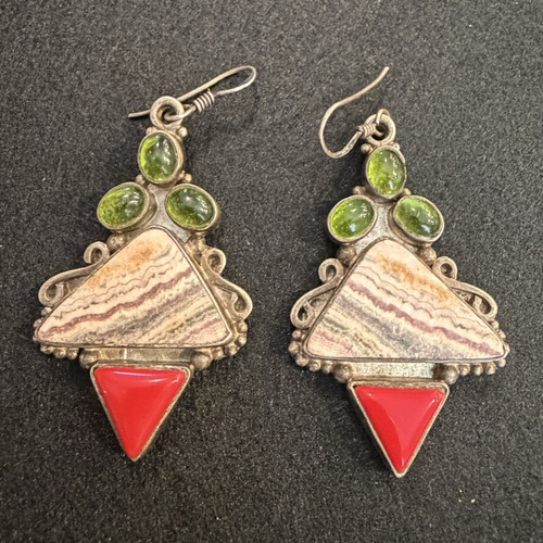 Sterling Silver 925 Hook Dangle Earrings Green Round Stone Red Triangle Accents