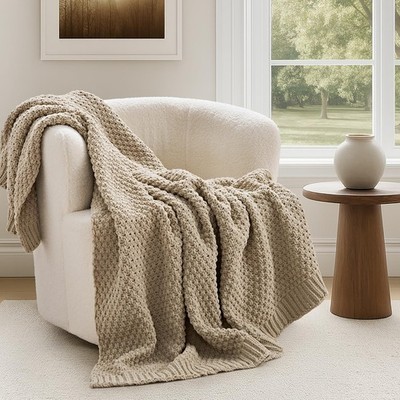 Chunky Chenille Knit Throw Blanket for Couch, Soft Luxurious Moss Stitch Blan...