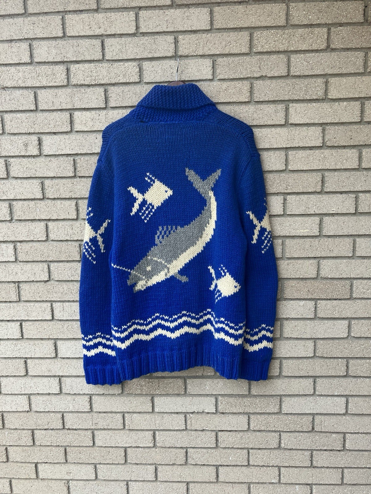 Vintage 1950s/60s Cowichan Zip Front Fish Sweater Blue- Size Large Mary Maxim