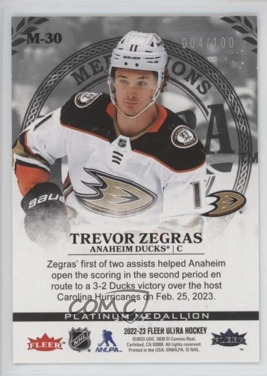 2022-23 Upper Deck Fleer Ultra Medallions Platinum /100 Trevor Zegras #M-30 - Image 2 of 2