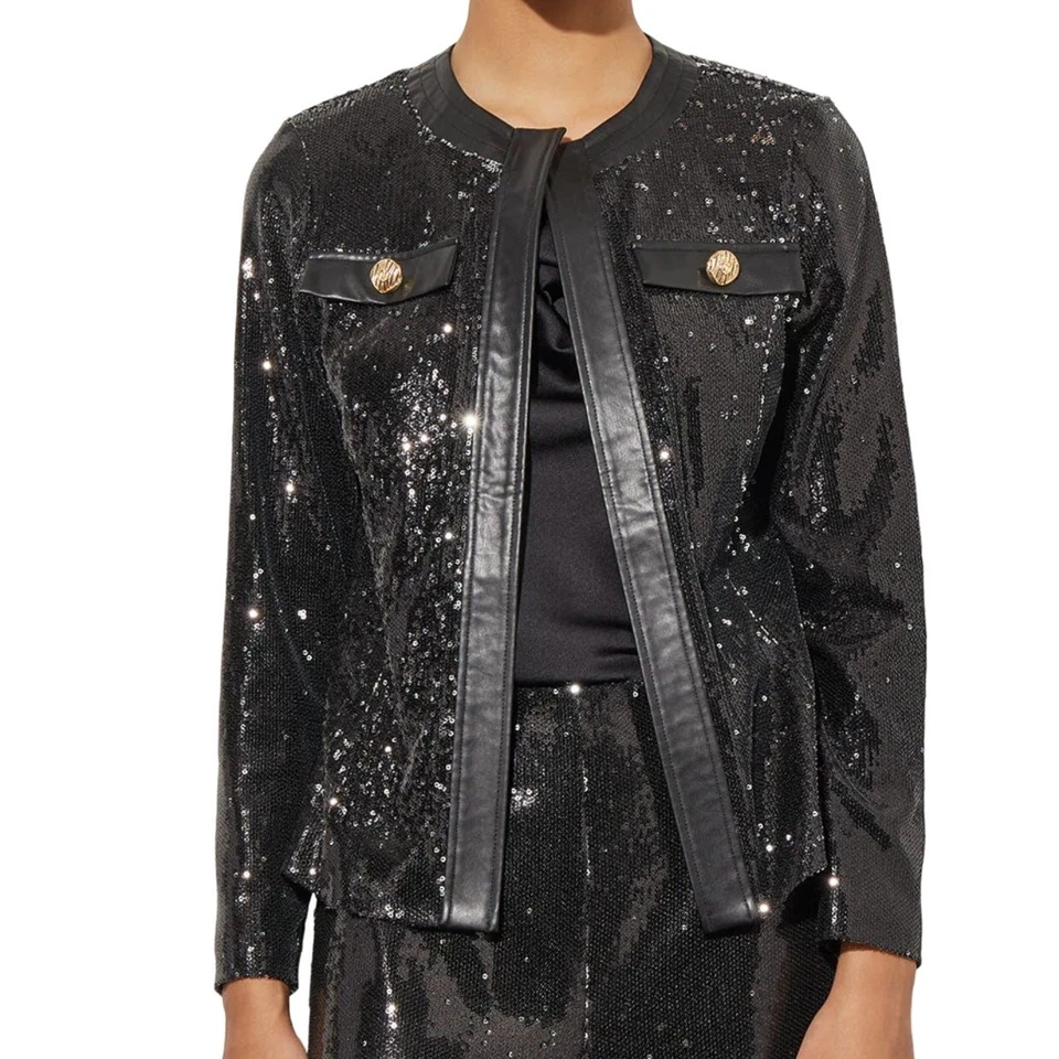 Ming Wang Open Front Black Sequin Jacket Size Small Vegan Leather Trim - Image 2 of 4