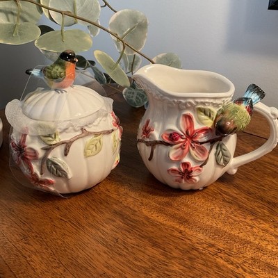 Corner Ruby Botanical Collection Birds & Flowers Ceramic Sugar Creamer Set-NEW