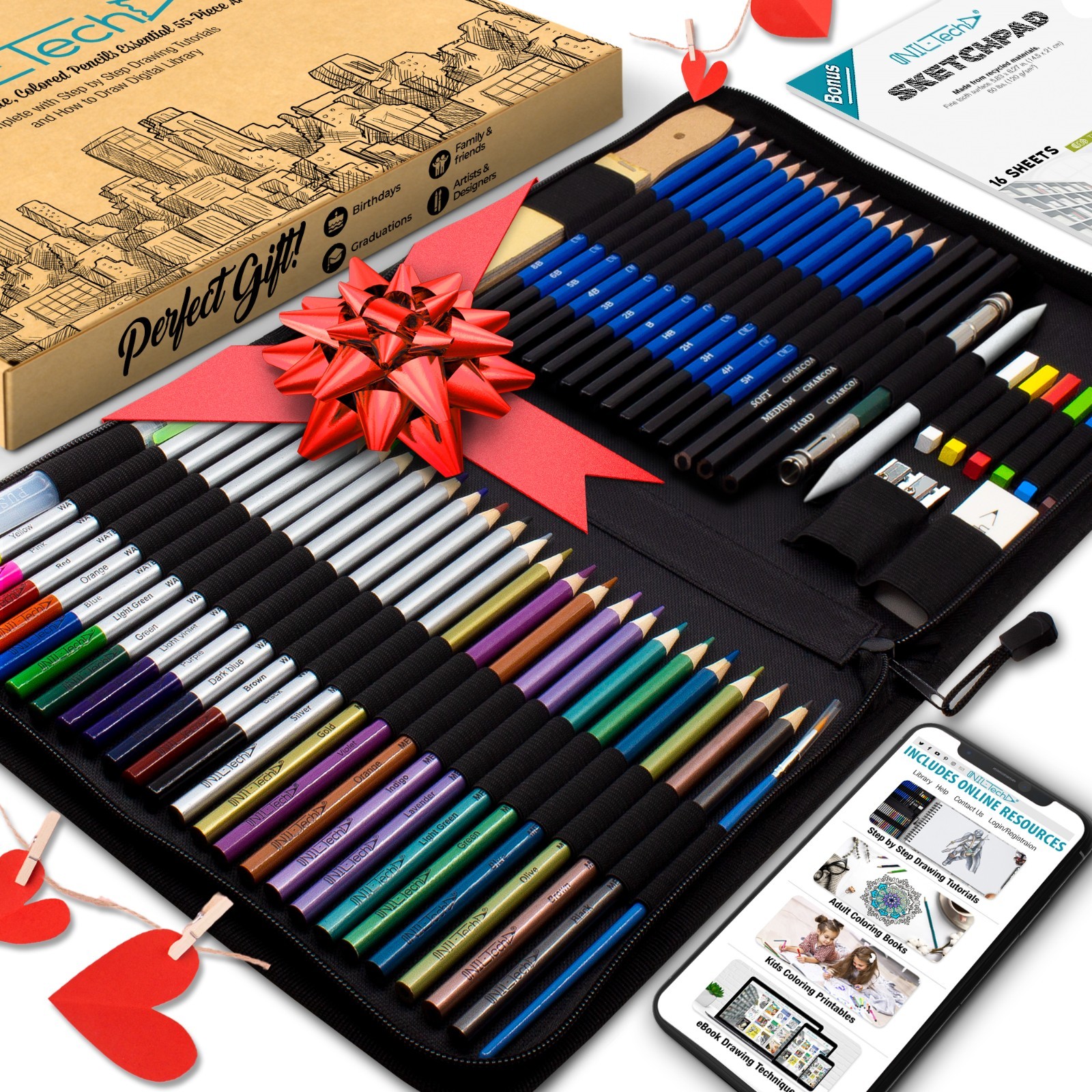 Professional 55 Pcs Drawing Art Set Sketching Pencils Kit Watercolor &Amp; Metallic