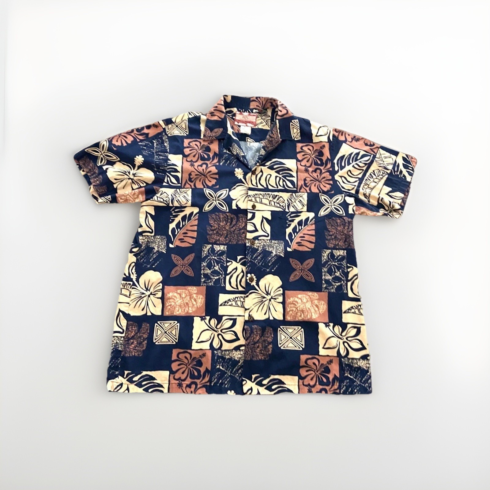 RJC Floral Patchwork Pattern Hawaiian Shirt 100% Cotton Made In Hawaii Size L
