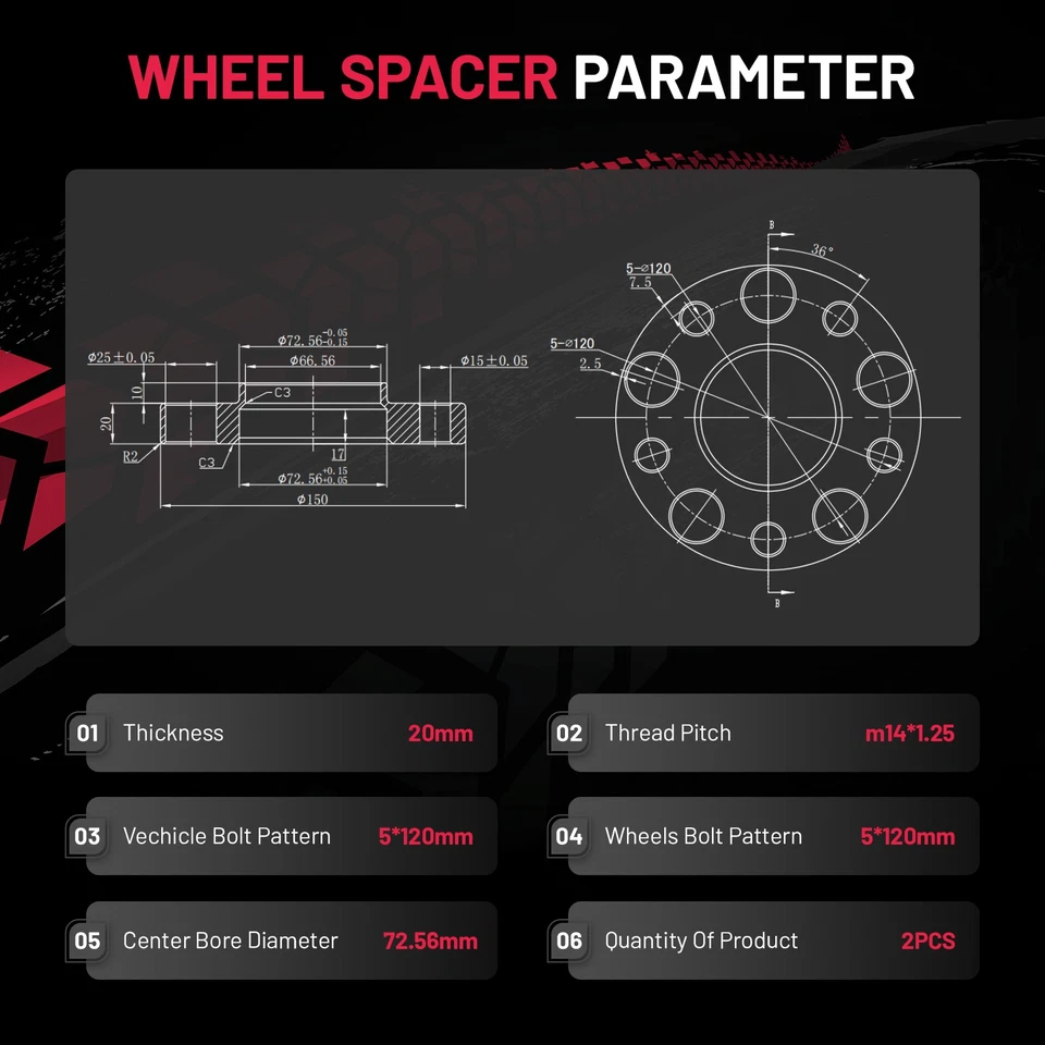(2) 20mm 5x4.72" Wheel Spacers HubCentric 14x1.25 For  2015-2018 BMW 328d - Image 2 of 4