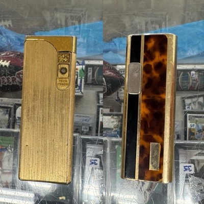 Vintage 1970s 80s Colibri Lighter Tortoise Shell & Gold Tone & Gold Lighter Set