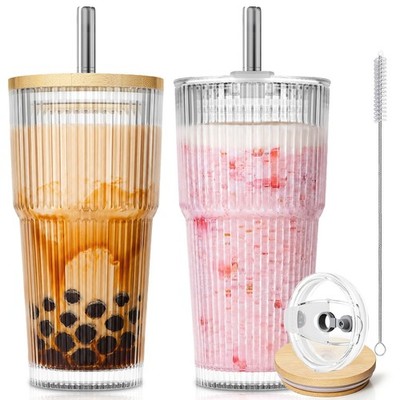 KEMORELA 20oz Ribbed Glass Tumblers with Reusable Stainless Steel Straws, Bam...